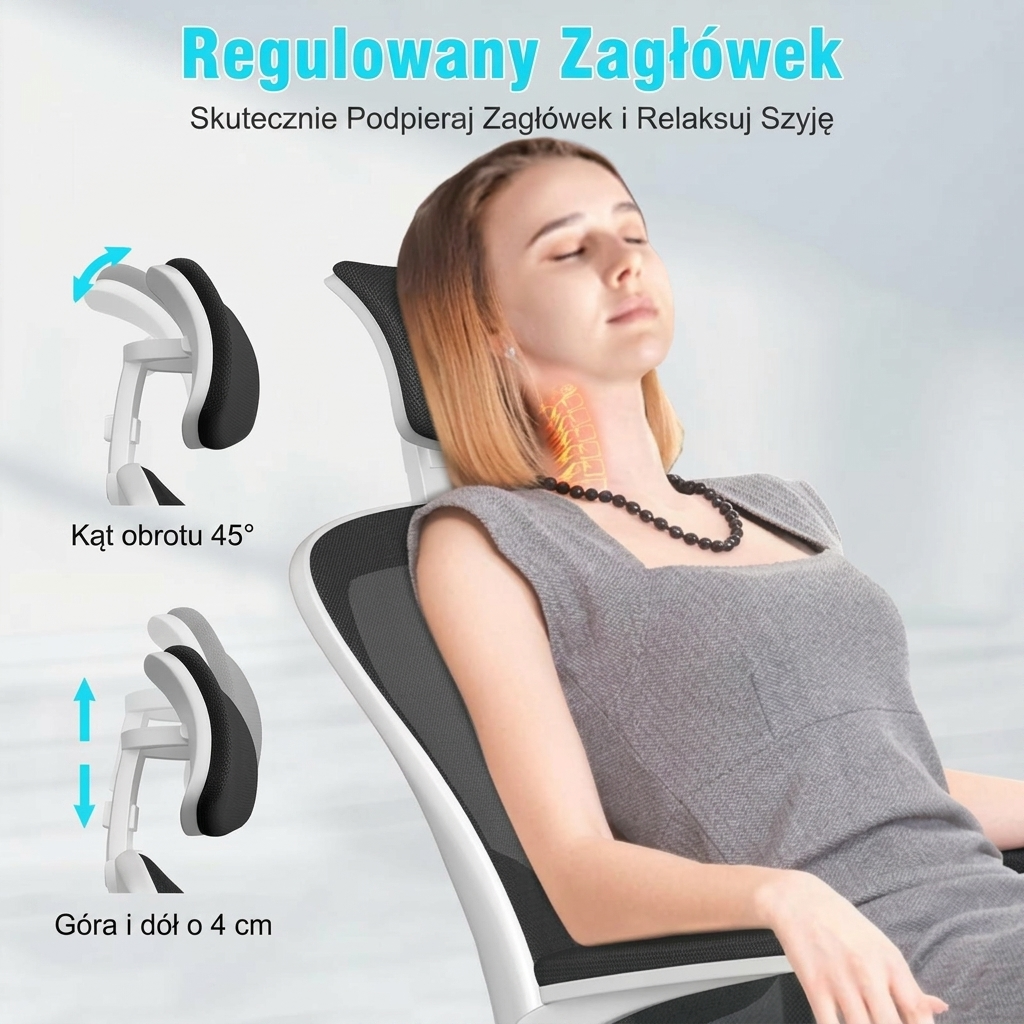 Krzesło biurowe gamingowe, ergonomiczne biurko z zagłówkiem, regulowane z podparciem lędźwiowym, oddychający siatkowy oparcie, składane podłokietniki o kącie 90° oraz obrót o 360 stopni (SF168-002). - Image 6